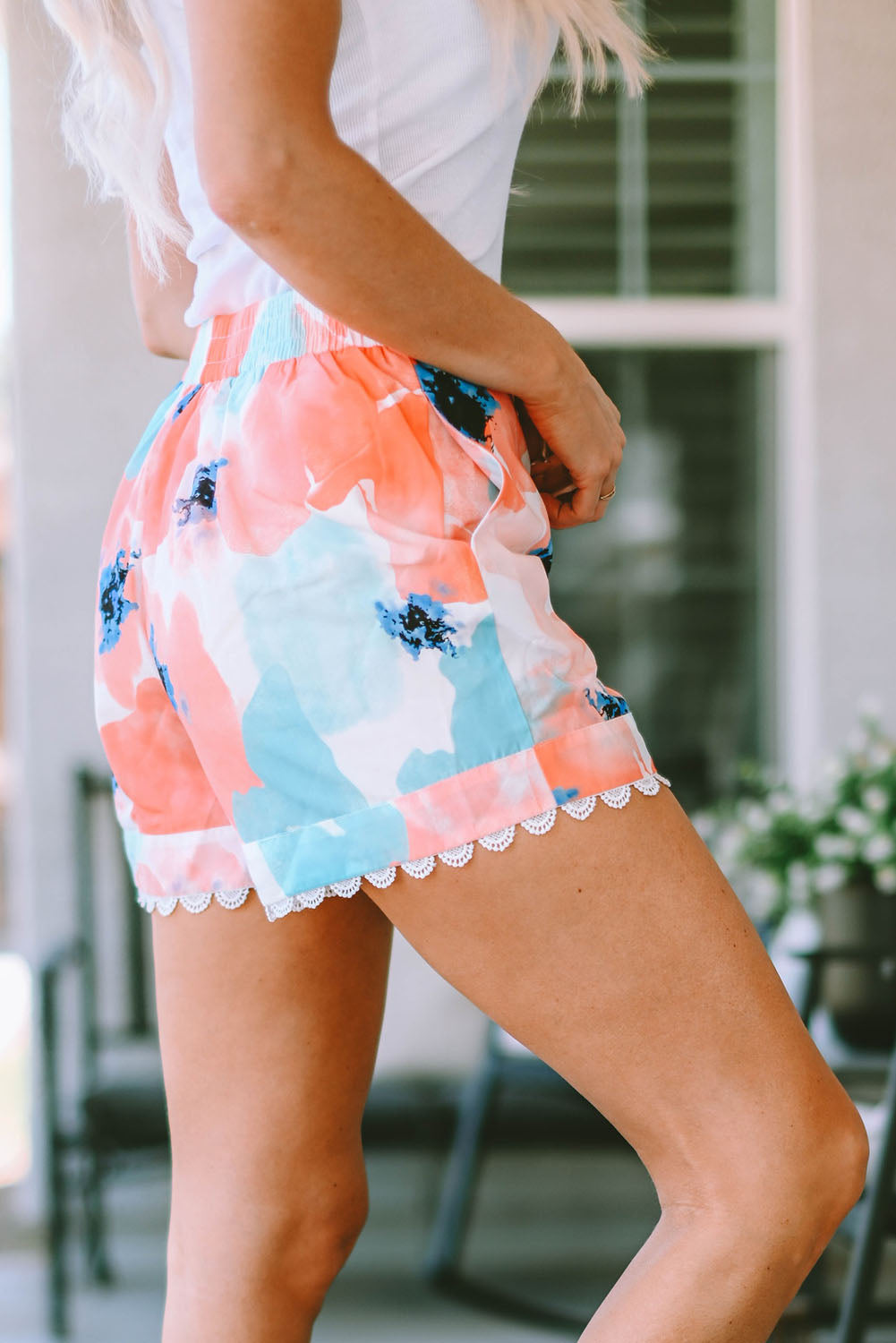 Womens Shorts Elastic Comfort Stretch Waist with Bright & Colorful Floral Print in Peach Orange Coral and Sky Blue Pastel Colors 