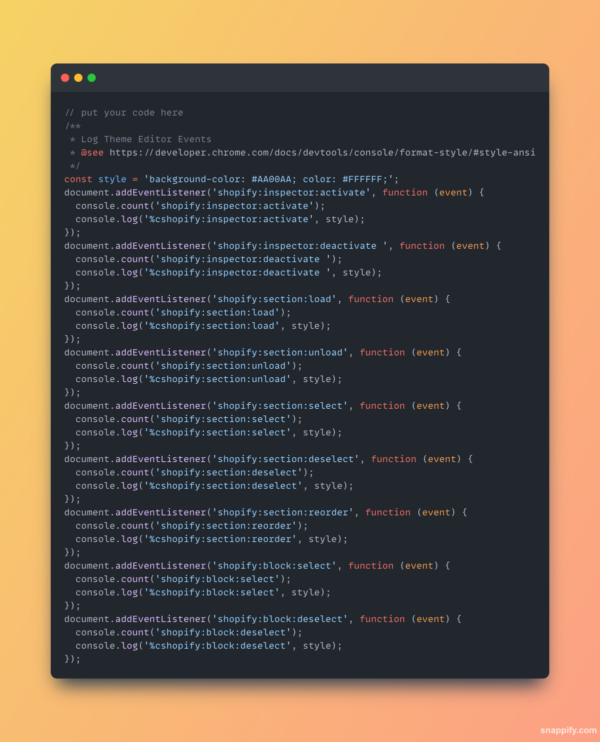 Log Theme Editor Events Snippet