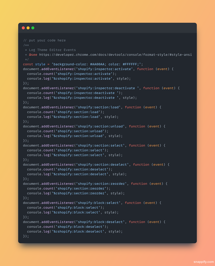 Log Theme Editor Events Snippet