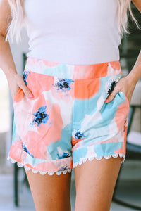 Colorful Floral Womens Shorts with Scallop Lace Trim and Pockets